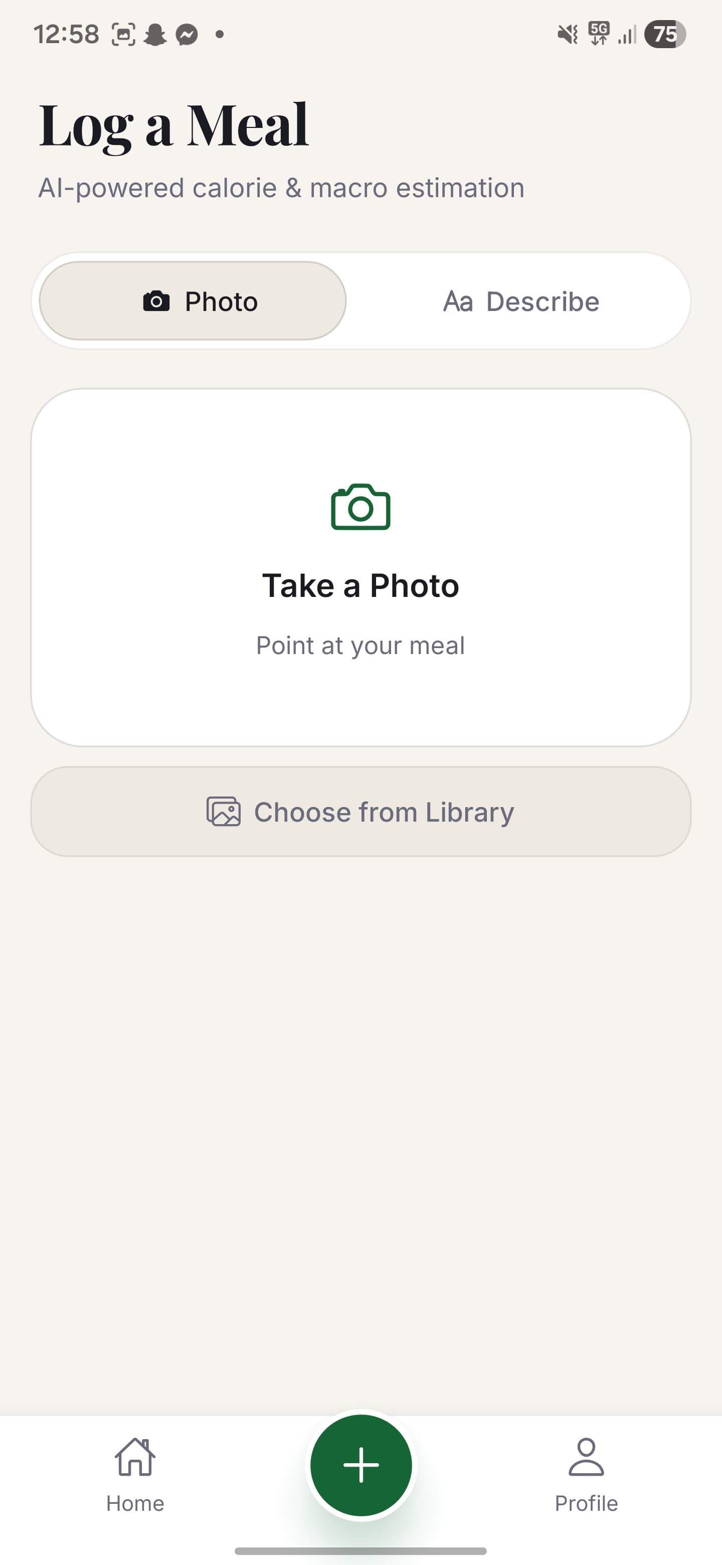 Calomac add-meal screen in photo mode with the camera active — point the lens at your plate and the app estimates calories and macros in seconds