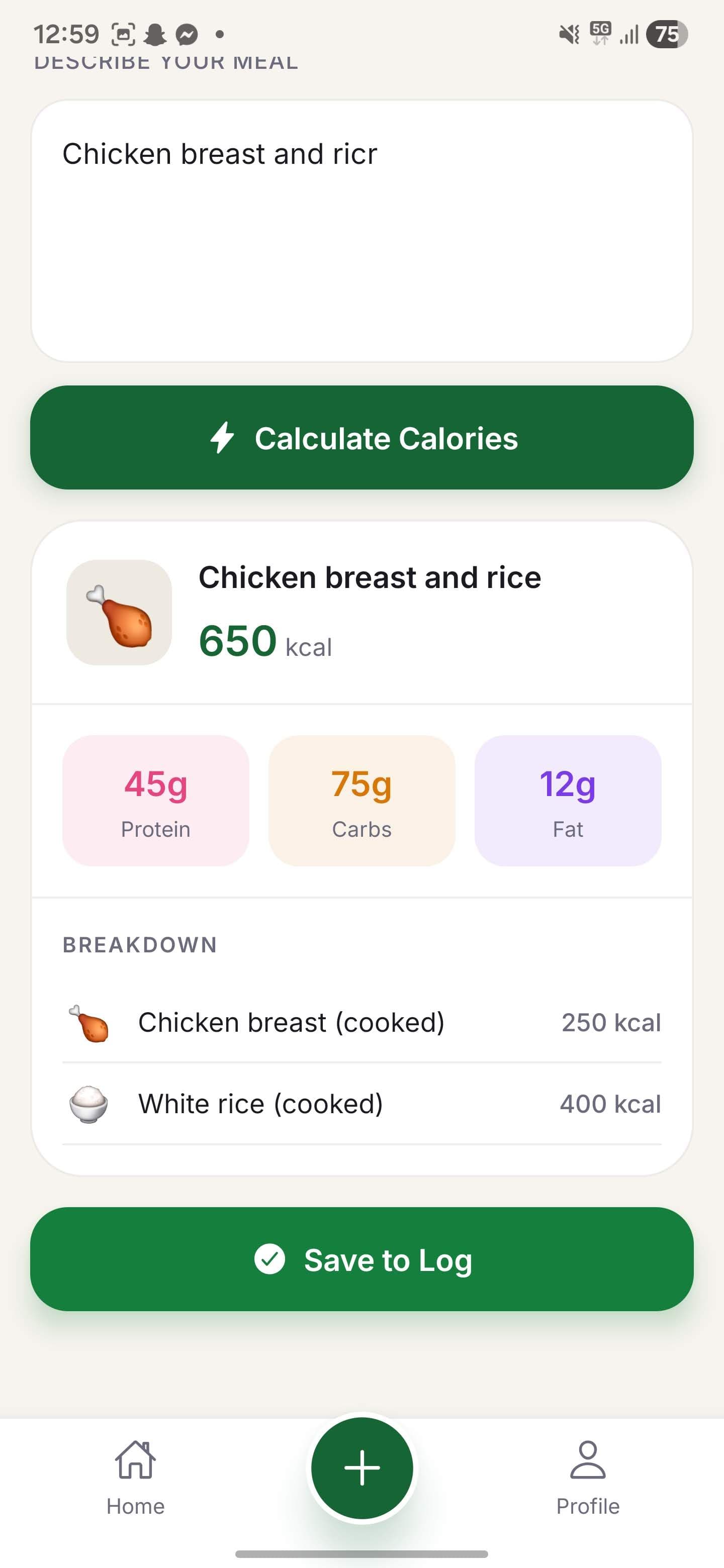 Calomac estimate preview screen showing the full calorie and macro breakdown before the meal is saved — review and confirm before committing to your daily log